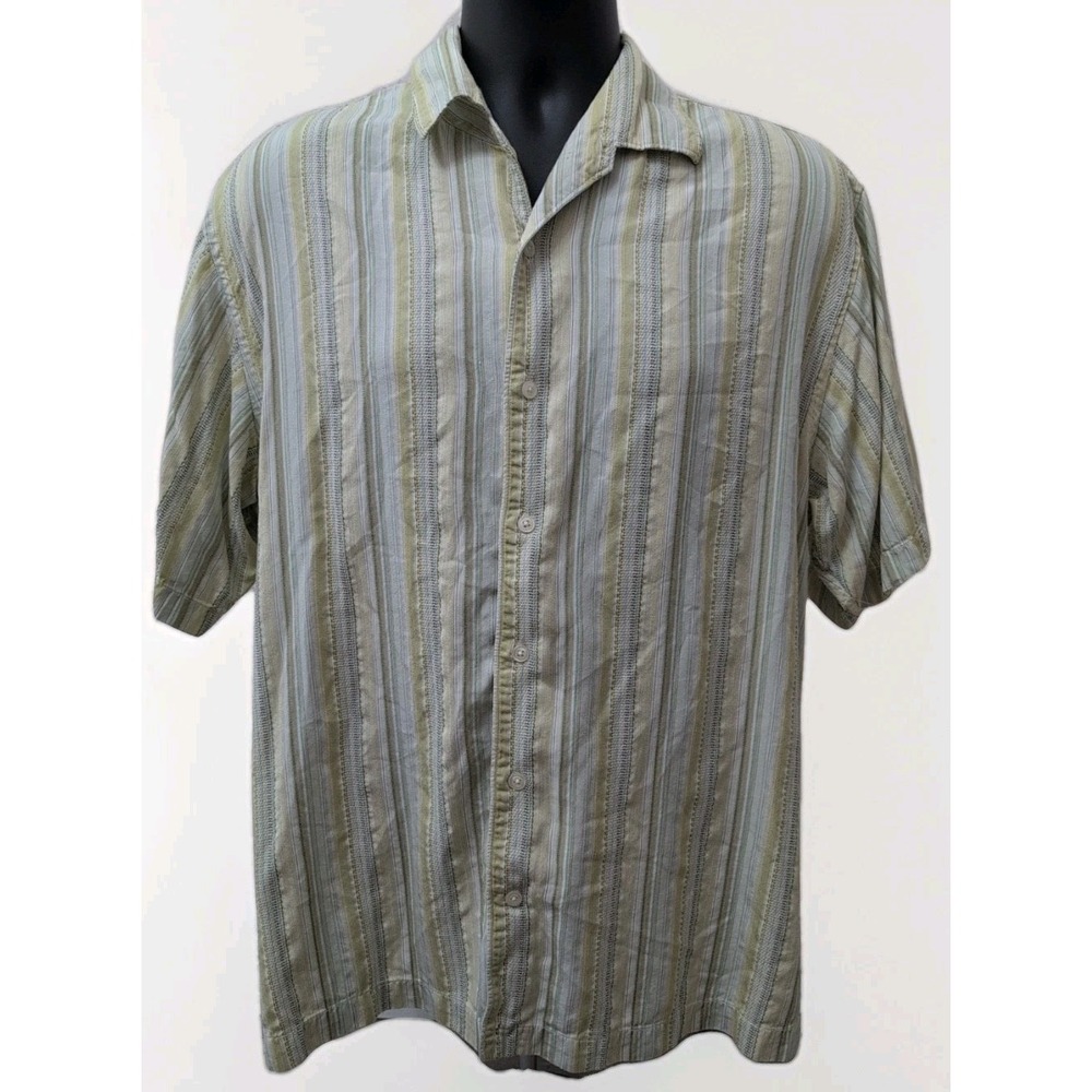 Tommy Bahama Shirt Mens Size Large Silk Green Textured Striped Short‎ Sleeve - Picture 3 of 7